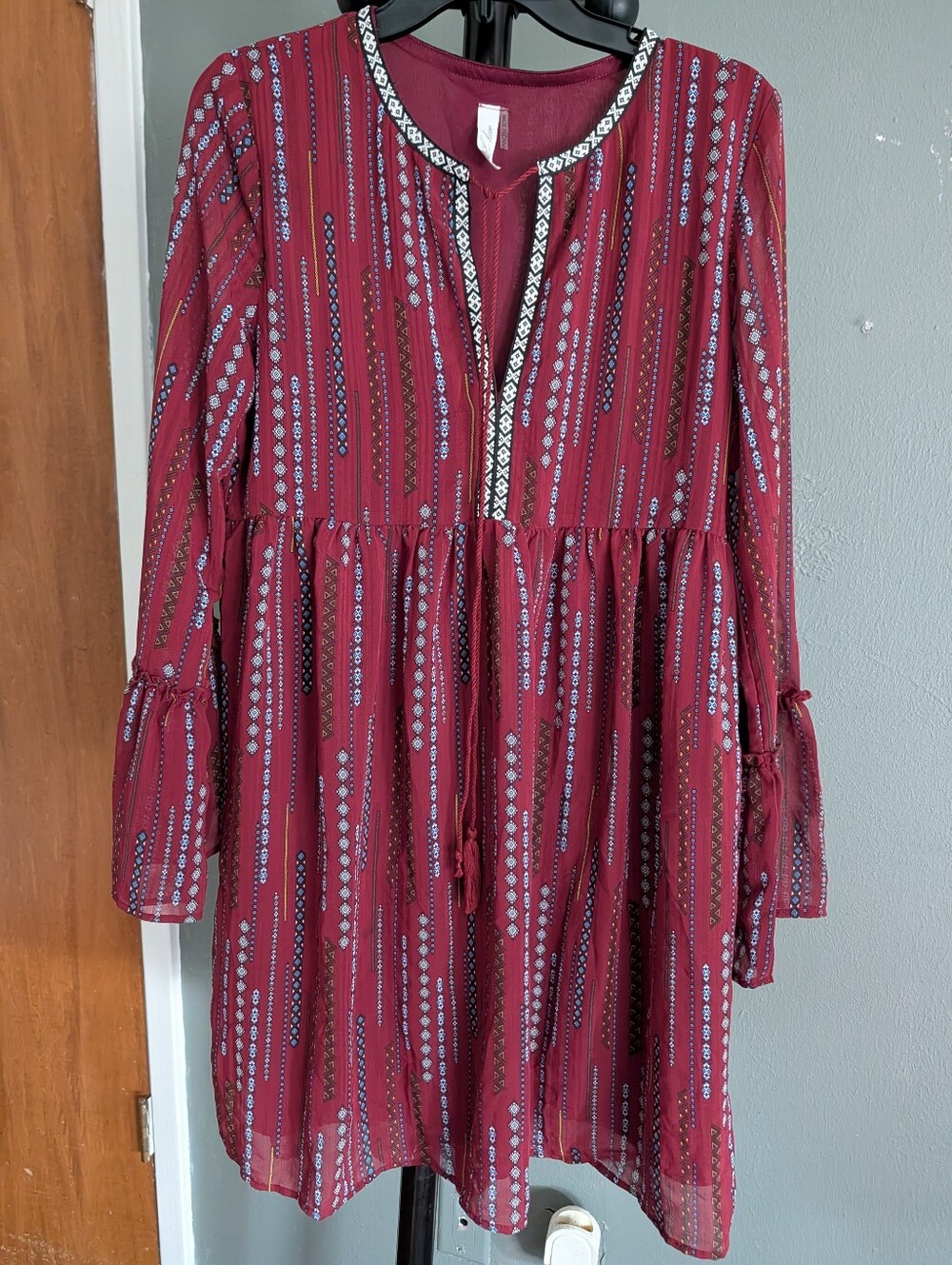 Woman's Burgundy Printed Long-Sleeve Dress